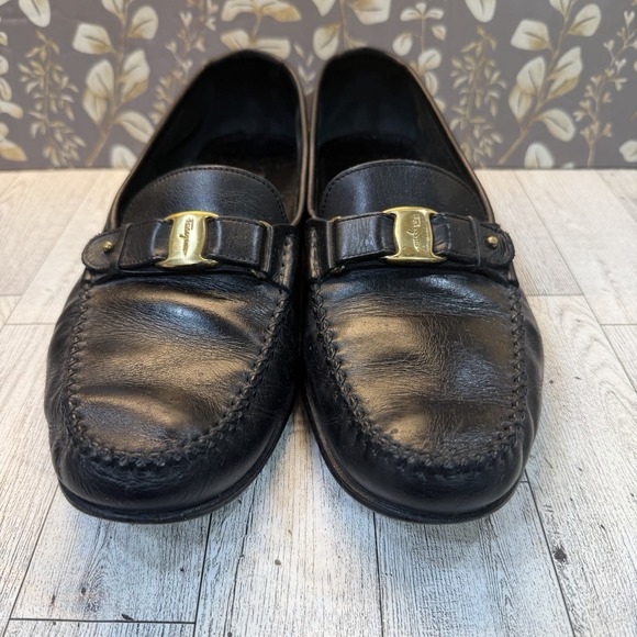 Salvatore Ferragamo Black Goldtone Logo Loafers Men\'s Size 10.5 D Vintage main image 9